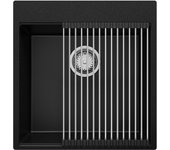 Primagran fregadero cocina negro 48x50cm, fregadero granito 1 seno + sifón + enrollable escurridor, fregadero sobre encimera al mueble 50cm - oslo