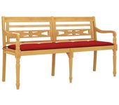 Banco de jardín muebles de terraza exterior con cojín rojo 150 cm madera maciza de teca 02_0011089