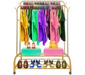 Perchero burro premium maxi giro 2 stand nyana home 162x110x57cm, 2 barras para colgar, 4 ganchos laterales, 2 baldas inferiores dorado.