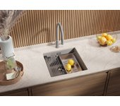 Primagran fregadero bajo encimera gris 46x47cm, fregadero cocina 1 seno + sifón + enrollable escurridor, fregadero granito al mueble 50cm - prague