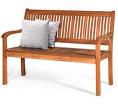 Banco de jardín de eucalipto, banco de parque, banco de 2 plazas con respaldo ergonómico y asiento cómodo, resistente a la intemperie, 126x63x91cm