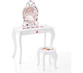 Tocador infantil 2 en 1 con espejo pintable y taburete, cajón grande, pizarra blanca y 4 marcador, carga 50 kg, 70 x 34 x 105 cm, sandía