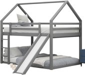 Cama infantil, cama de casa, litera, con tobogán y escalera - 140x200cm, cama doble, gris, sin colchón