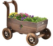 Jardinera en forma de carro de 4 ruedas, decoración de jardín de madera con 2 agujeros de drenaje, 68 x 38,5 x 53,5 cm, color marrón