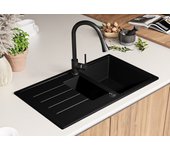 Primagran fregadero cocina negro 90x50cm, fregadero granito 1,5 senos + sifón, fregadero sobre encimera al mueble 60cm - copenhague duo