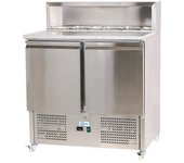 Cleiton® mesa refrigerada de preparación para pizzas y ensaladas 2 puertas de 90x70 cm para 5 cubetas gn 1/6 encimera de mármol y cúpula de acero