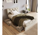 Estructura de cama con 2 cajones, cama individual tapizada 90x200cm, cabecero regulable en altura, cama funcional chesterfield