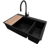 Primagran fregadero granito todo negro 78x50cm, fregadero cocina 2 senos + sifón + accesorios, fregadero sobre encimera al mueble 80cm - oslo duo