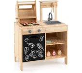 Set de juguete de parrilla de barbacoa de madera con pizarra, set de juego para niños con comida de juguete, herramientas para asar y botellas, set