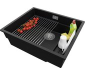 Primagran fregadero bajo encimera negro metallic 56x47cm, fregadero cocina 1 seno + sifón + accesorios, fregadero granito al mueble 60cm - prague