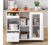 Carro de cocina multifuncional con plato extensible, almacenamiento en vidrio templado y patas de madera maciza – carro móvil con estantes ajustables
