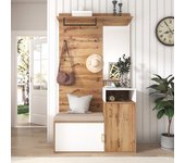 Set de entrada elegante blanco y madera con espejo, zapatero, banco, ganchos y barra para ropa