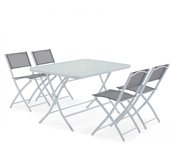 Mesa de jardín y 4 sillas plegables de acero y cristal calvi