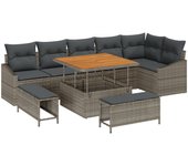 Conjunto de sofás de jardín de 9 piezas con cojines gris poliratán acacia, sofá de jardín de 2 plazas con cojines gris poliratán, conjunto de comedor