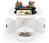 Juego de mesa y taburetes para niños (5 piezas), mesa redonda para niños con tablero de pizarra y taburetes de almacenaje, juego de mesa y sillas para