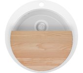 Primagran fregadero cocina circular todo blanco 53x53cm, fregadero granito 1 seno + sifón + accesorios, fregadero sobre encimera al mueble 50cm