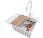 Primagran fregadero granito blanco 62x50cm, fregadero cocina 1 seno + sifón + accesorios, fregadero sobre encimera al mueble 45cm - sydney