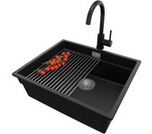 Primagran fregadero bajo encimera negro metallic 56x47cm, fregadero granito 1 seno + sifón + accesorios, fregadero cocina al mueble 60cm - prague