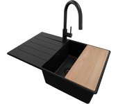 Primagran fregadero granito todo negro 78x50cm, fregadero cocina 1 seno + sifón + accesorios, fregadero sobre encimera al mueble 50cm - copenhague