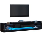 Mueble tv alto brillo con luz led, 181cm, para televisores hasta 80 pulgadas, cristal y 2 cajones abatibles