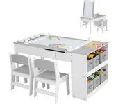 Juego de mesa y 2 silla de caballete de arte, escritorio de dibujo elevable artesanal para niños, grupo de asientos con 6 cajas de almacenamiento, 5