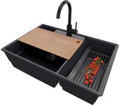 Primagran fregadero granito grafito 78x53cm, fregadero cocina 2 senos + sifón + accesorios, fregadero sobre encimera al mueble 80cm - paris