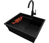 Primagran fregadero bajo encimera todo negro 56x47cm, fregadero granito 1 seno + sifón + accesorios, fregadero cocina al mueble 60cm - prague