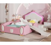 Cama infantil 90x200cm en símil piel con pequeño tobogán y escalera + led multicolor y somier - beige
