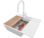 Primagran fregadero granito blanco 62x53cm, fregadero cocina 1 seno + sifón + accesorios, fregadero sobre encimera al mueble 45cm - sydney pocket