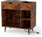 Soporte para tocadiscos, mesa auxiliar de madera con regleta de energía integrada, cajón, 3 divisores, kit antivuelco y patas metálicas, mueble para