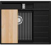 Primagran fregadero cocina negro 62x53cm, fregadero granito 1 seno + sifón + accesorios, fregadero sobre encimera al mueble 45cm - sydney pocket