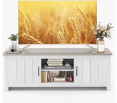 Mueble tv de hasta 65 pulgadas de madera con 2 armarios y estantes abiertos, puertas para salón y dormitorio, 145 x 40 x 50 cm, blanco+gris