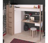 Cama altillo combinada para niños, decoración en roble y blanco, somier incluido 90 x 200 cm