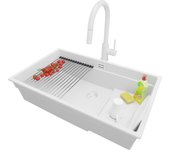 Primagran fregadero granito todo blanco 76x47cm, fregadero cocina 1 seno + sifón + accesorios, fregadero sobre encimera al mueble 80cm - prague slim