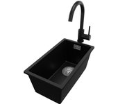 Primagran fregadero granito negro 26x47cm, fregadero cocina 1 seno + grifo 32x20cm + sifón, fregadero sobre encimera al mueble 30cm - london slim