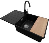 Primagran fregadero granito negro 90x50cm, fregadero cocina 1 seno + sifón + accesorios, fregadero sobre encimera al mueble 60cm - copenhague