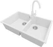 Primagran fregadero granito blanco 78x50cm, fregadero cocina 2 senos + grifo 32x20cm + sifón, fregadero sobre encimera al mueble 80cm - madrid twin