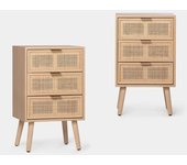 Pack 2 mesitas de noche mdf, chapa de paulownia, ratán natural 42 x71