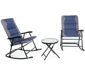 Conjunto de muebles de jardín, juego de 3 piezas con 2 mecedoras plegables y 1 mesa baja de vidrio, set de bistro para exterior jardín terraza (azul)