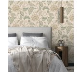 Papel pintado vinílico lavable de flores peonía grandes color verde claro y fondo beige - denise blossom 682823 de gaulan - rollo de 10 m x 0,53 m