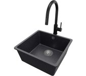Primagran fregadero granito grafito 46x44cm, fregadero cocina 1 seno + sifón + accesorios, fregadero sobre encimera al mueble 50cm