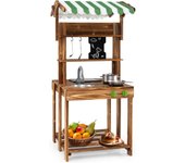 Cocina infantil de exterior de doble cara, cocina de juguete de madera con dosel, pizarra, fregadero y varios accesorios para niños a partir de 3 años