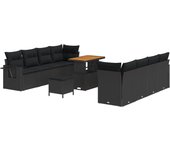 Conjunto de sofás de jardín de 11 piezas con cojines negros de ratán polímero acacia, conjunto de comedor de jardín de 3 piezas con cojines negros de