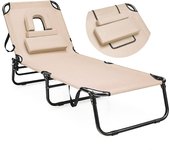 Tumbona plegable jardín exterior con almohada extraíble y respaldo ajustable en 5 posiciones para playa piscina carga 160kg 194x63x37cm, beige