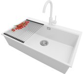 Primagran fregadero granito blanco 78x50cm, fregadero cocina 1 seno + sifón + accesorios, fregadero sobre encimera al mueble 80cm - oslo