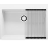 Primagran fregadero cocina blanco 68x50cm, fregadero granito 1 seno + sifón + enrollable escurridor, fregadero sobre encimera al mueble 70cm - oslo