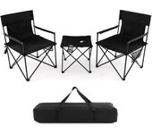Juego de 2 sillas plegables de camping con mesa de camping, silla de pesca portátil de metal hasta 180 kg, silla de jardín para camping, picnic, negro
