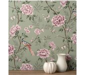 Papel pintado de pájaros y flores fondo texturizado efecto fibra vegetal verde - nora garden 681988 de gaulan - rollo de 10 m x 0,52 m