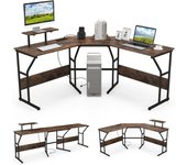 Escritorio en l con estación de carga integrada, con soporte para monitor móvil, de 225 cm para 2 personas, mesa de oficina, marrón rústico