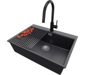 Primagran fregadero granito grafito 68x50cm, fregadero cocina 1 seno + sifón + accesorios, fregadero sobre encimera al mueble 70cm - oslo